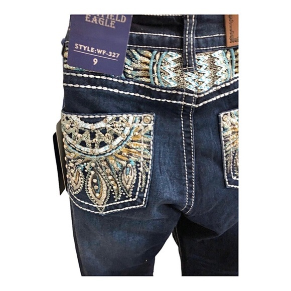 Beautiful embroidered sequined exposed stitching crystal studded blue jeans new - Picture 3 of 17